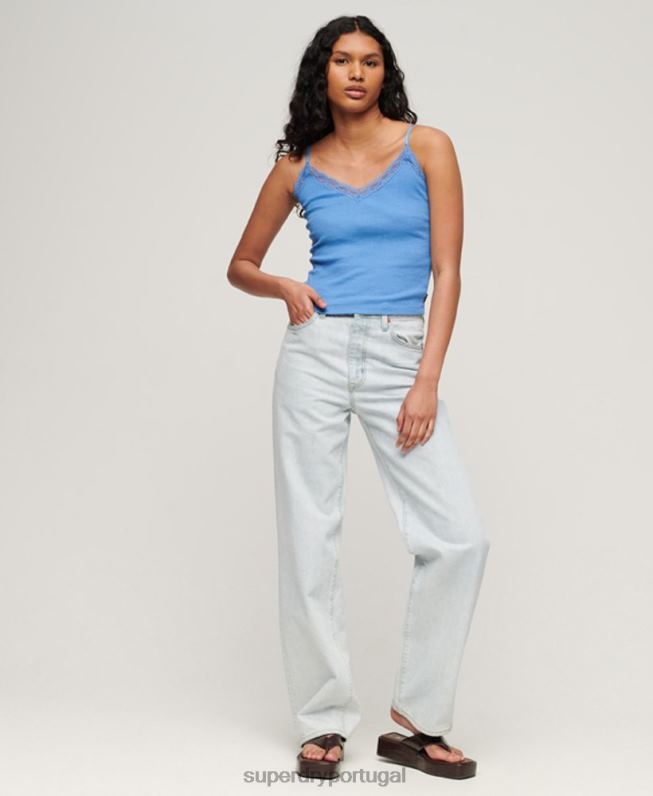 blusa de renda canelada essencial de algodão orgânico mulheres azul roupas Superdry 2208H2352