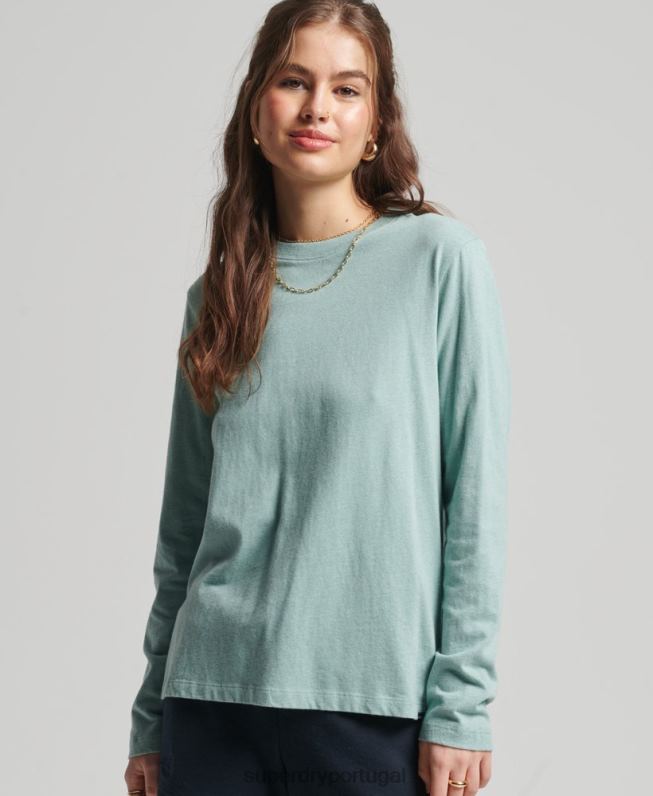blusa vintage de algodão orgânico com logo bordado mulheres turquesa roupas Superdry 2208H6539