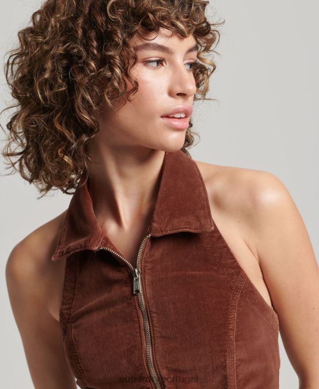 colarinho zip através de top de veludo mulheres marrom roupas Superdry 2208H2092