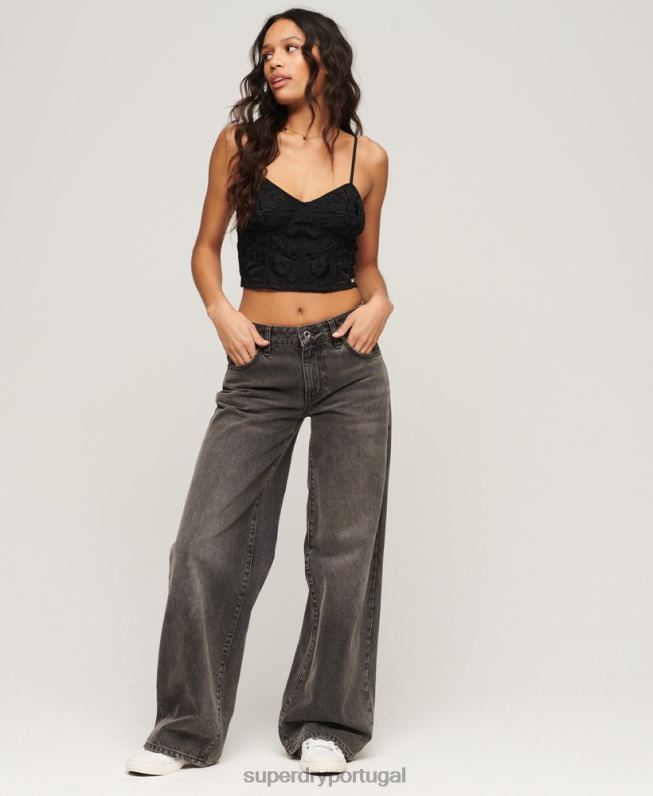 espartilho bordado floral mulheres cinza escuro roupas Superdry 2208H2039