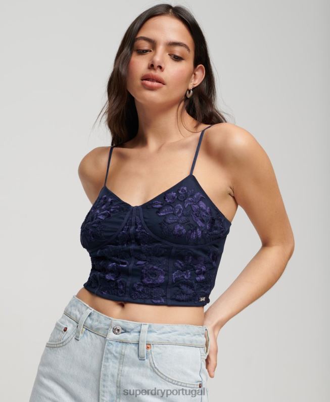 espartilho bordado floral mulheres marinha roupas Superdry 2208H2872