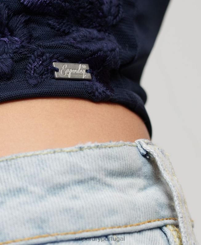 espartilho bordado floral mulheres marinha roupas Superdry 2208H2872
