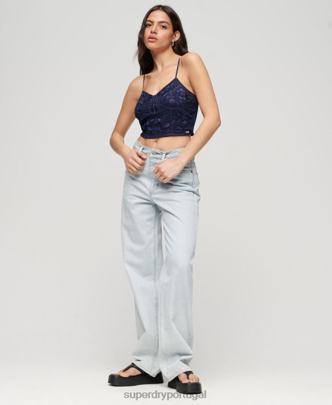 espartilho bordado floral mulheres marinha roupas Superdry 2208H2872