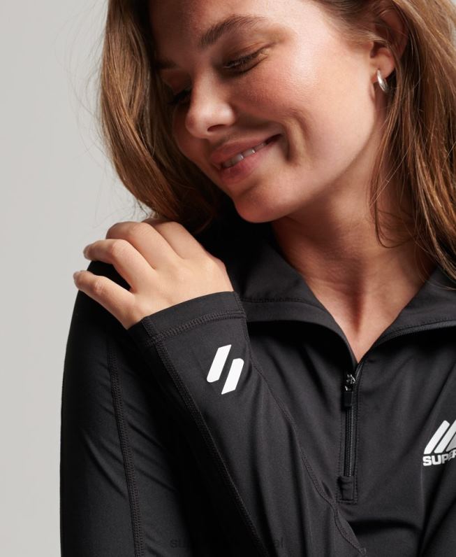 parte superior da camada de base com meio zíper mulheres preto roupas Superdry 2208H2966