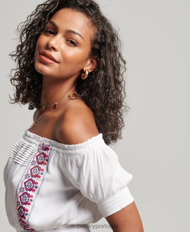 top bordado smocked mulheres branco roupas Superdry 2208H2127