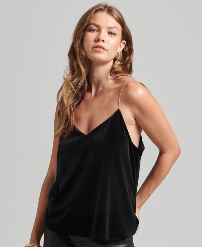 top cami de veludo corrente mulheres preto roupas Superdry 2208H3036