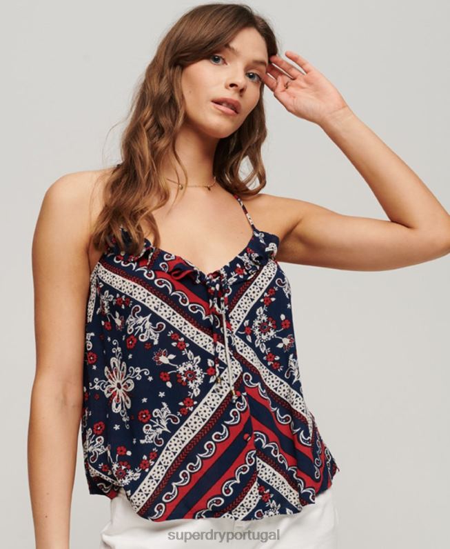 top cami plissado impresso mulheres azul roupas Superdry 2208H2111