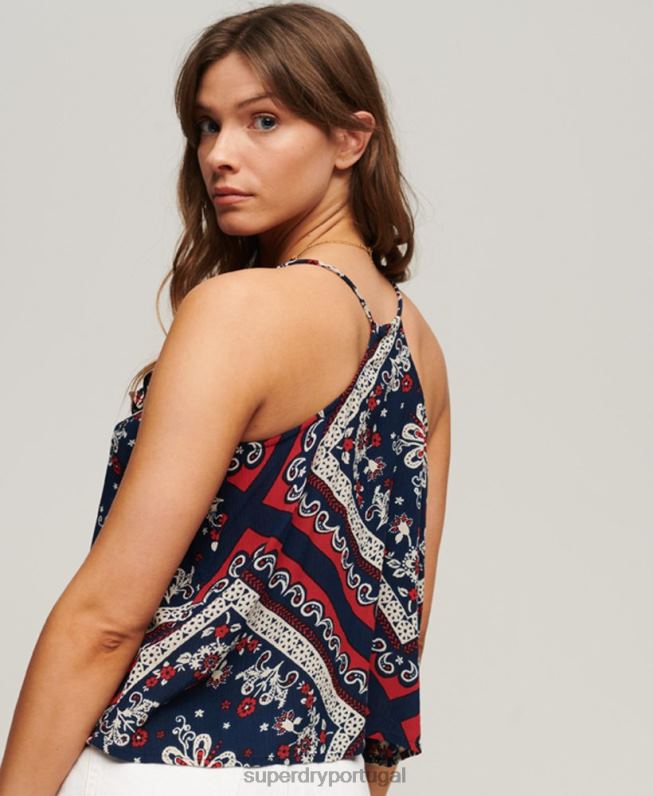top cami plissado impresso mulheres azul roupas Superdry 2208H2111