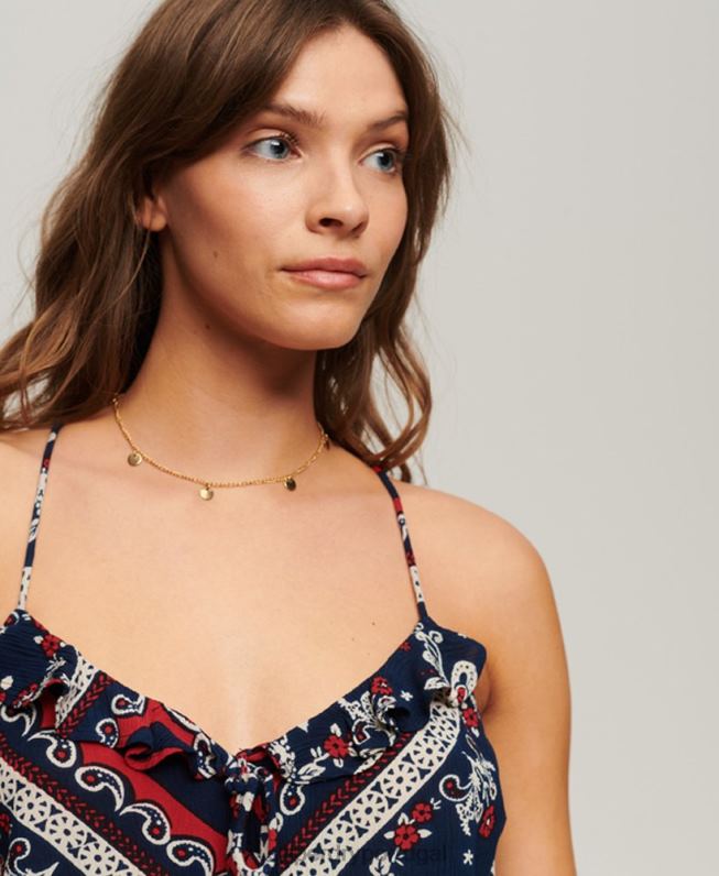 top cami plissado impresso mulheres azul roupas Superdry 2208H2111