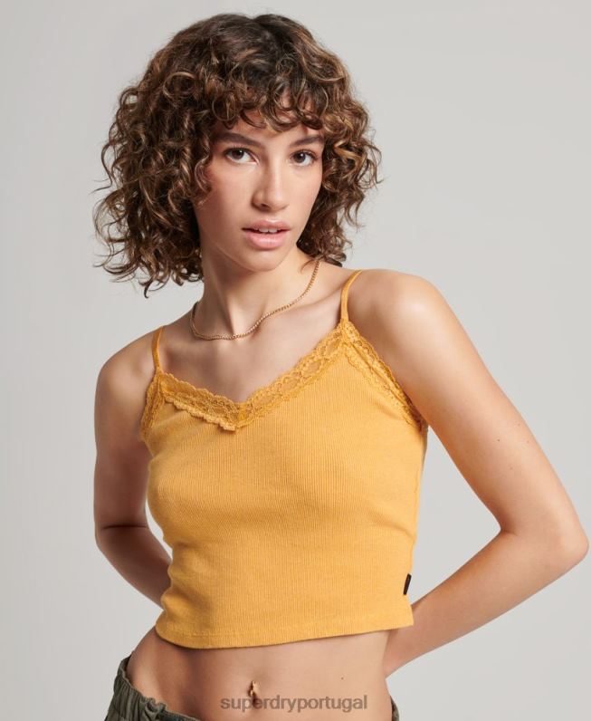 top de cami com acabamento de renda canelada mulheres amarelo roupas Superdry 2208H2350