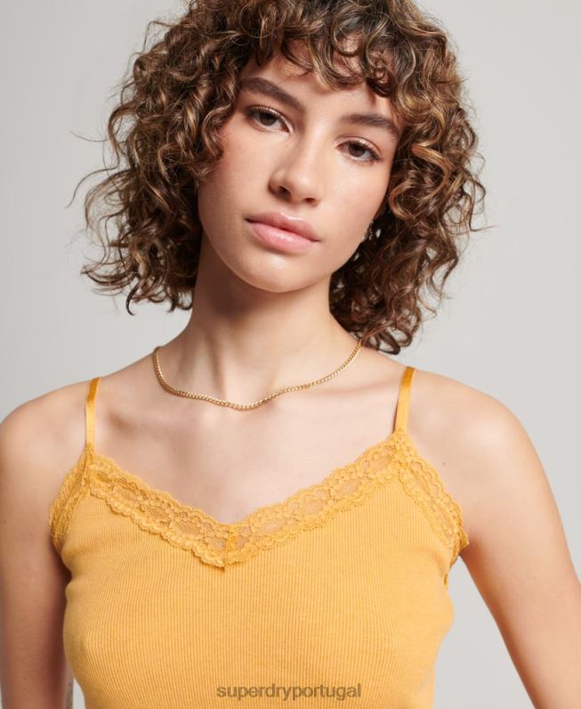 top de cami com acabamento de renda canelada mulheres amarelo roupas Superdry 2208H2350