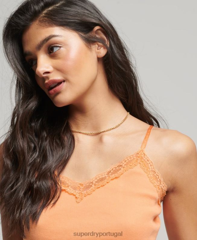 top de cami com acabamento de renda canelada mulheres laranja roupas Superdry 2208H2329