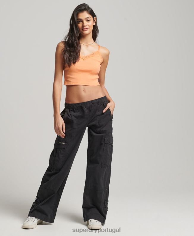 top de cami com acabamento de renda canelada mulheres laranja roupas Superdry 2208H2329