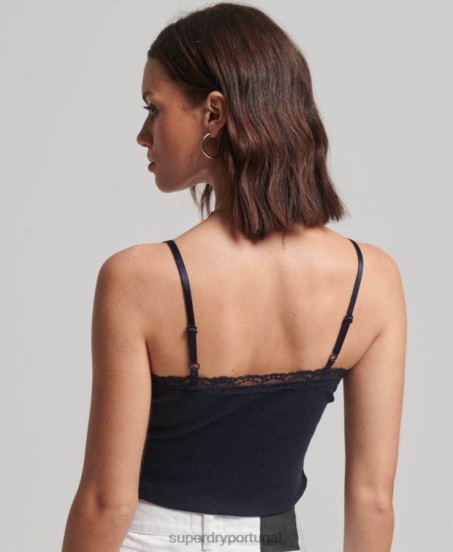 top de cami com acabamento de renda canelada mulheres marinha roupas Superdry 2208H1955