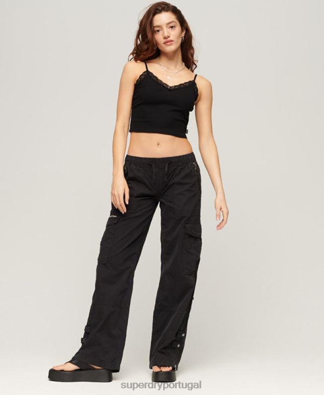 top de cami com acabamento de renda canelada mulheres preto roupas Superdry 2208H2098