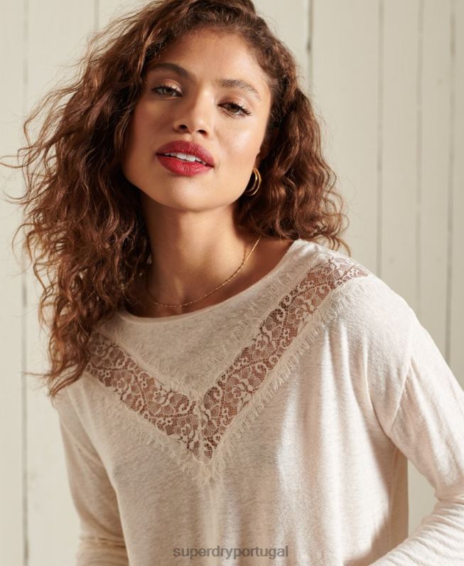 top de renda chevron mulheres creme roupas Superdry 2208H6760