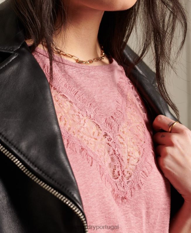 top de renda chevron mulheres rosa roupas Superdry 2208H6623