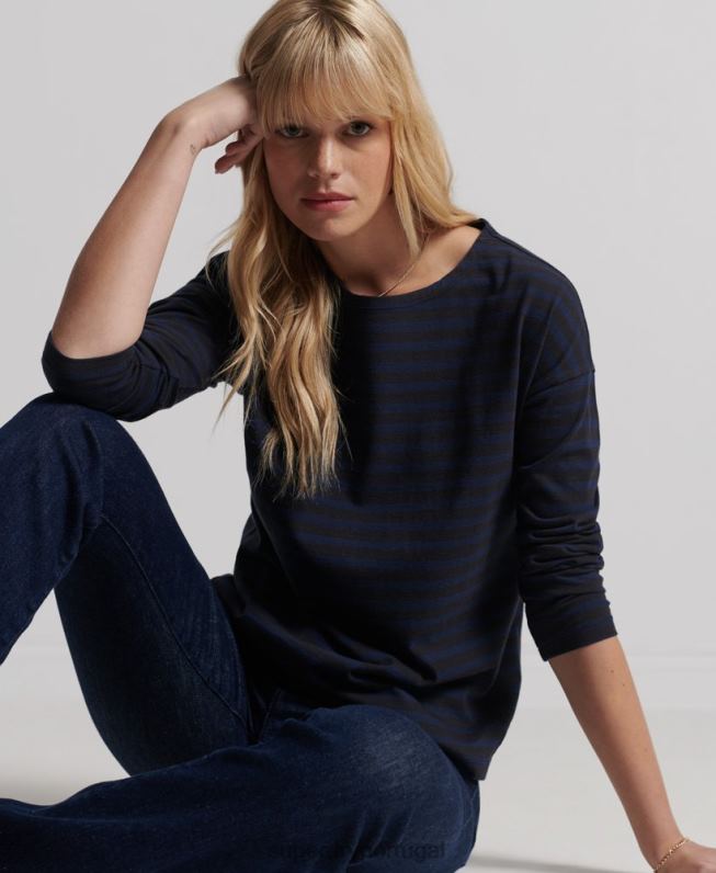 top listrado de algodão orgânico pesado mulheres cinza claro roupas Superdry 2208H3054