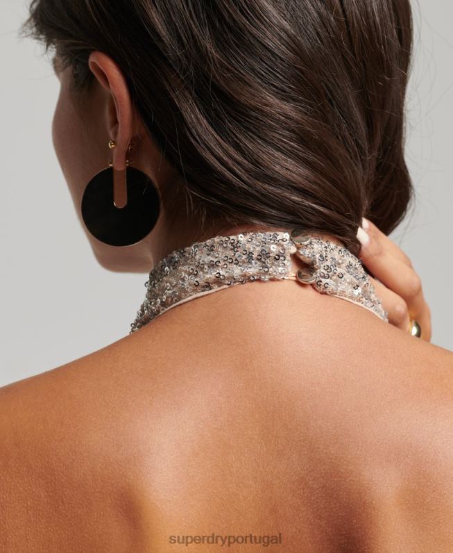 Minivestido gola alta com paetês mulheres prata roupas Superdry 2208H2485