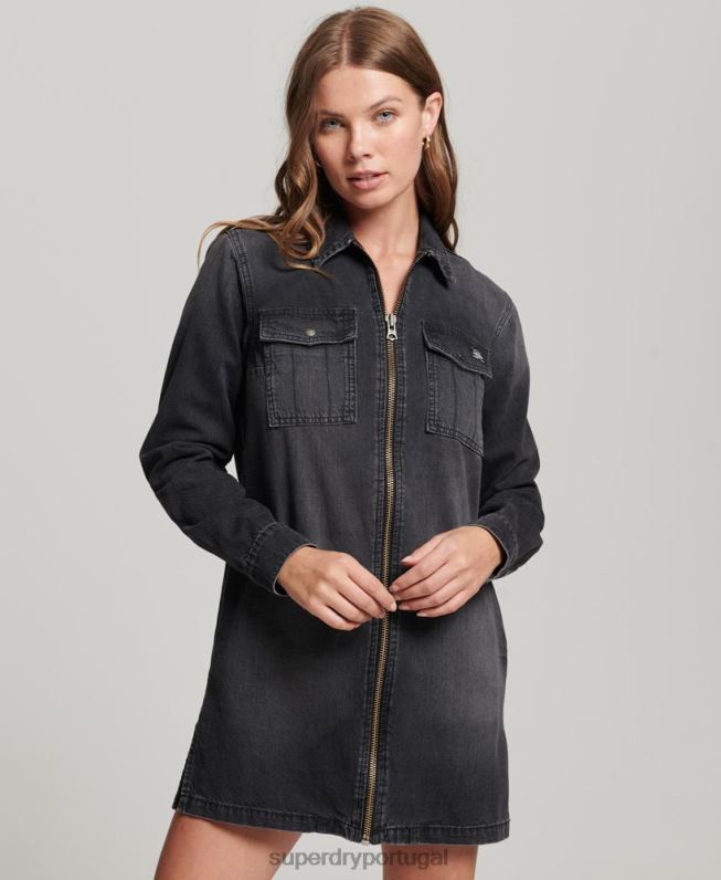 camisa jeans vestido mulheres cinza escuro roupas Superdry 2208H2506