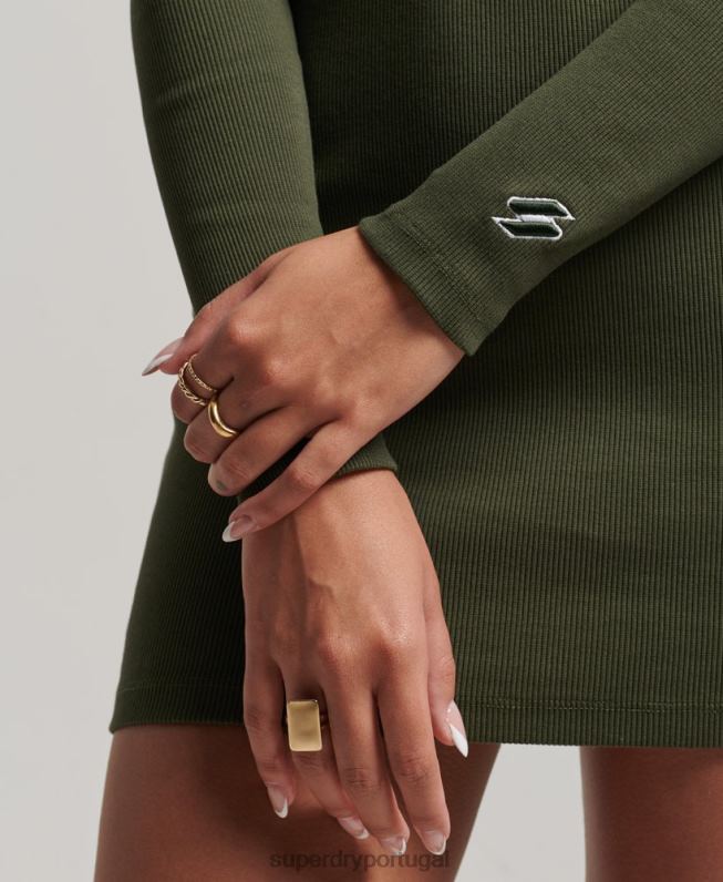 mini vestido canelado manga longa mulheres caqui roupas Superdry 2208H6666