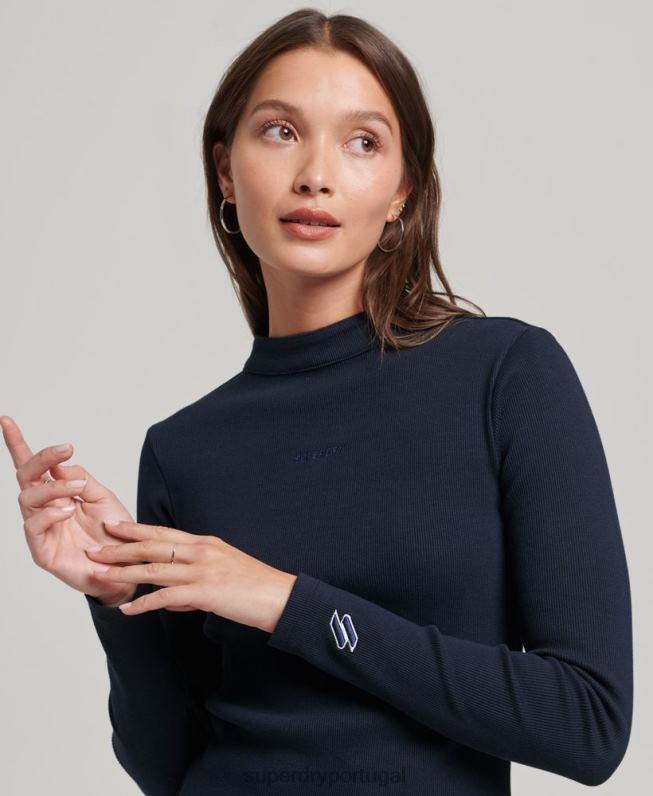 mini vestido canelado manga longa mulheres marinha roupas Superdry 2208H6534