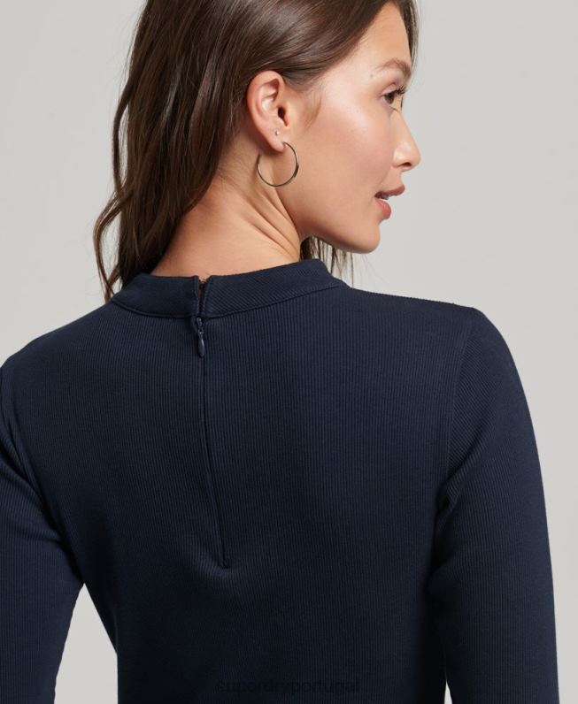 mini vestido canelado manga longa mulheres marinha roupas Superdry 2208H6534