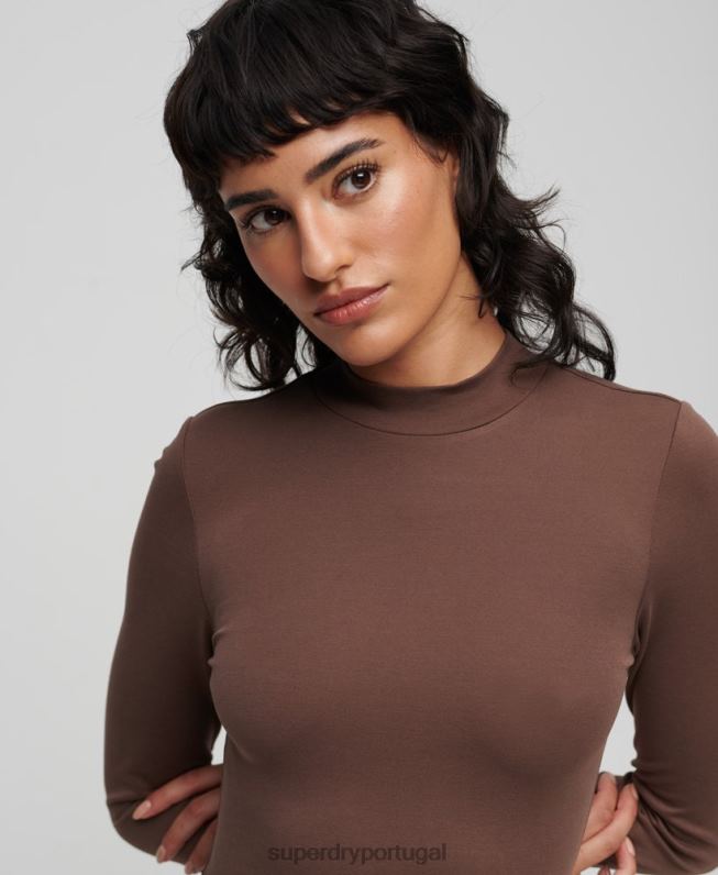 mini vestido de jérsei com gola falsa mulheres marrom roupas Superdry 2208H2367