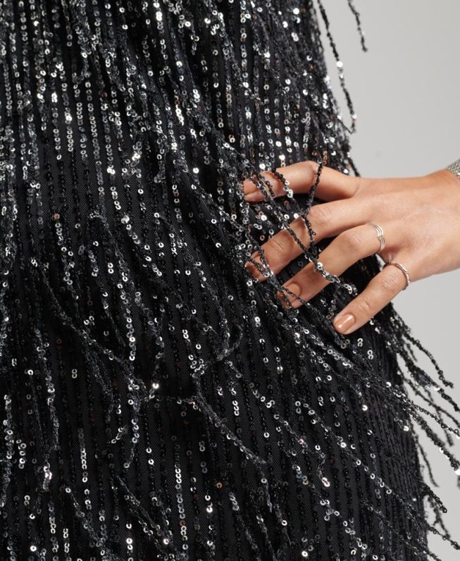 mini vestido de lantejoulas com franjas mulheres preto roupas Superdry 2208H2449