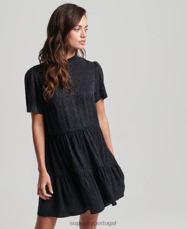 mini vestido de manga curta em camadas mulheres cinza escuro roupas Superdry 2208H6720