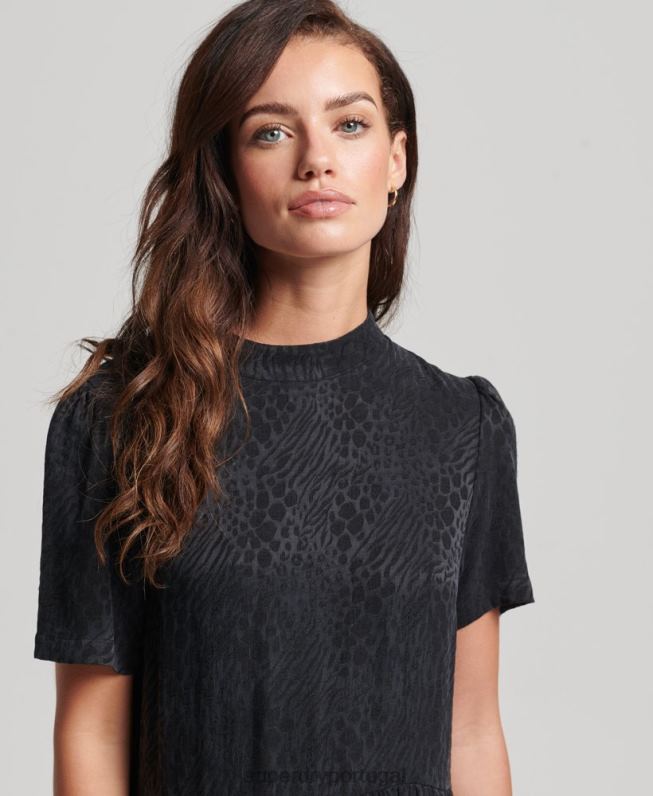 mini vestido de manga curta em camadas mulheres cinza escuro roupas Superdry 2208H6720