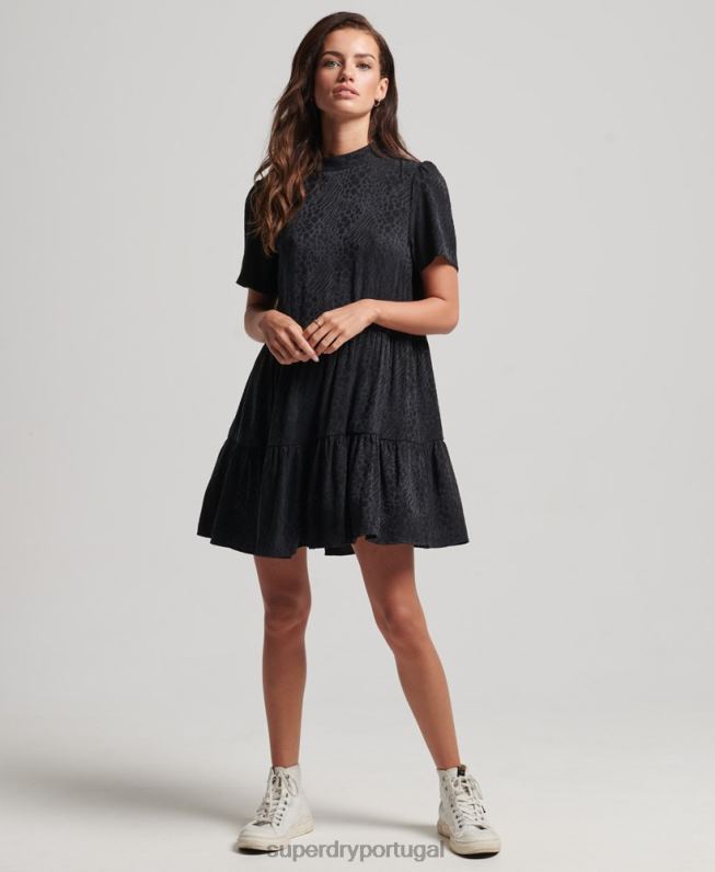 mini vestido de manga curta em camadas mulheres cinza escuro roupas Superdry 2208H6720