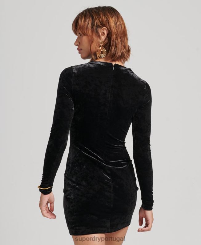 mini vestido de manga longa de veludo mulheres preto roupas Superdry 2208H2445