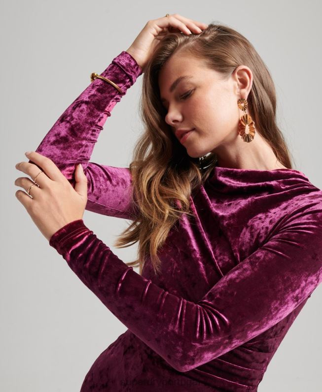 mini vestido de manga longa de veludo mulheres rosa roupas Superdry 2208H2481