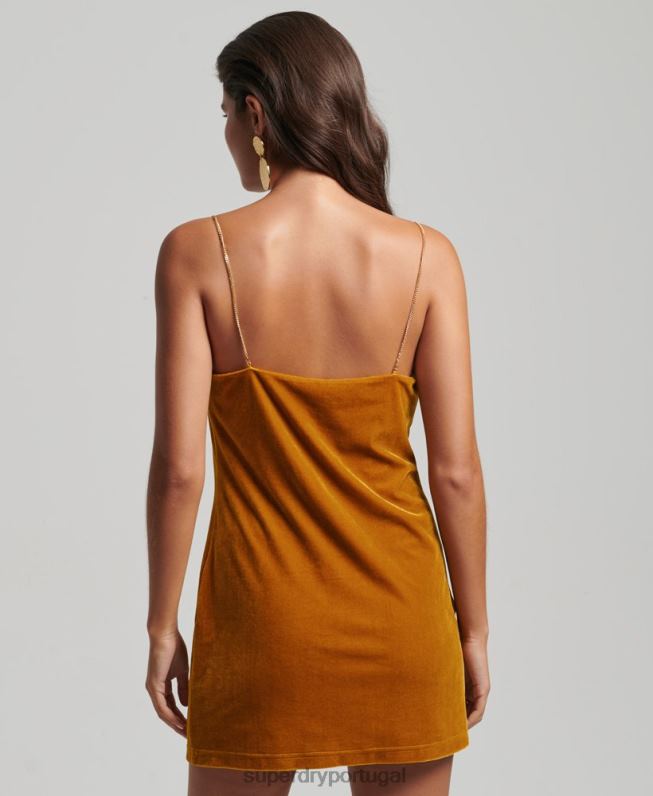 mini vestido de veludo alça de corrente mulheres amarelo roupas Superdry 2208H2245