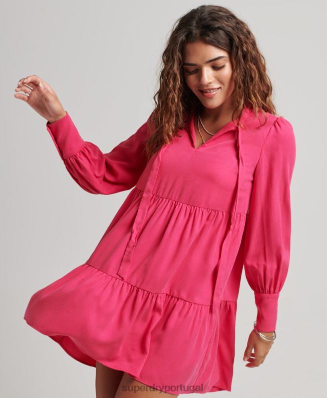 mini vestido em camadas mulheres rosa roupas Superdry 2208H2550