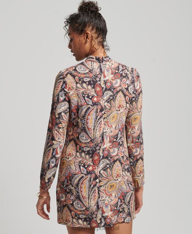 mini vestido estampado manga longa mulheres bronzeado roupas Superdry 2208H2476
