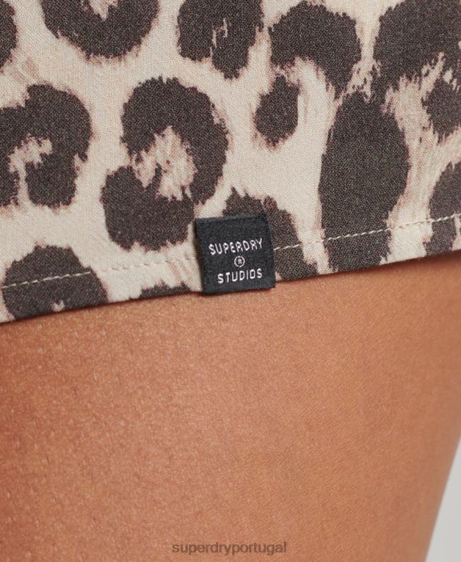 mini vestido estampado manga longa mulheres marrom roupas Superdry 2208H2438