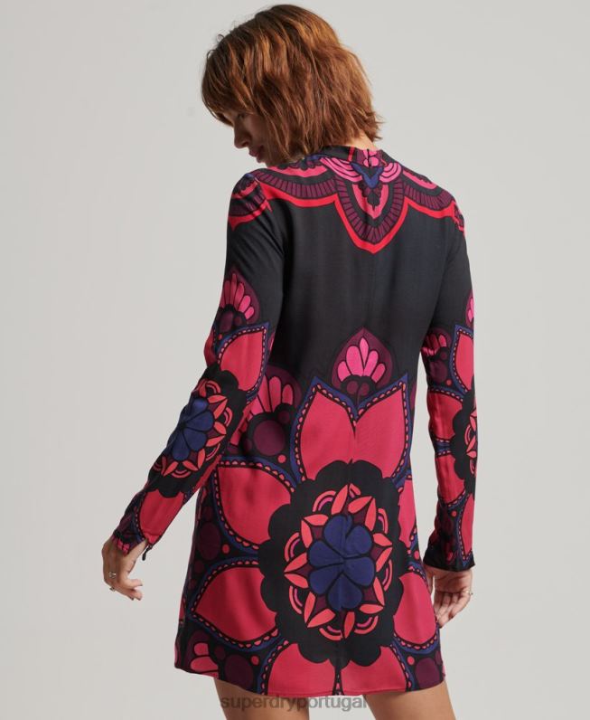mini vestido estampado manga longa mulheres preto roupas Superdry 2208H2480