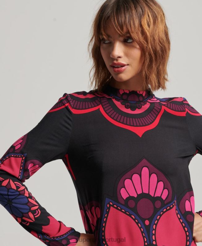 mini vestido estampado manga longa mulheres preto roupas Superdry 2208H2480