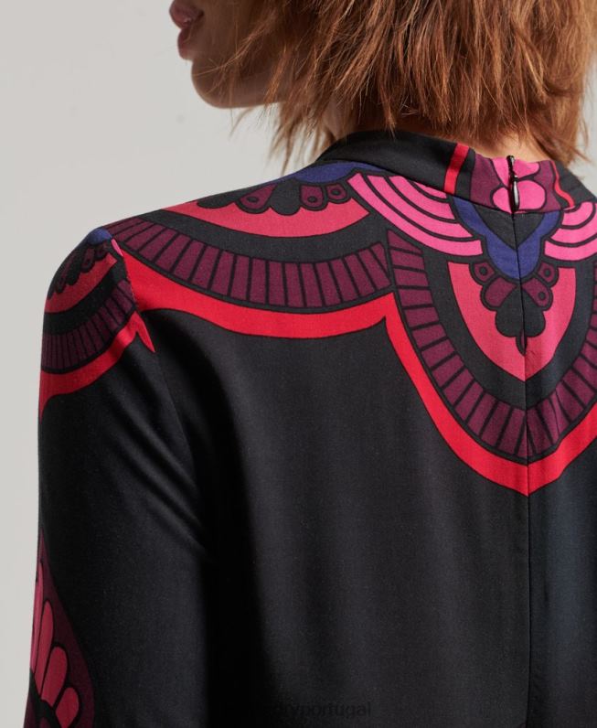 mini vestido estampado manga longa mulheres preto roupas Superdry 2208H2480