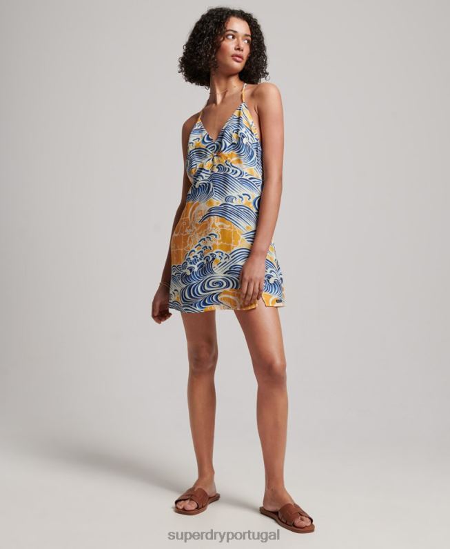mini vestido estampado mulheres ouro roupas Superdry 2208H2405