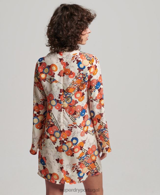 mini vestido manga longa estampado mulheres creme roupas Superdry 2208H2426