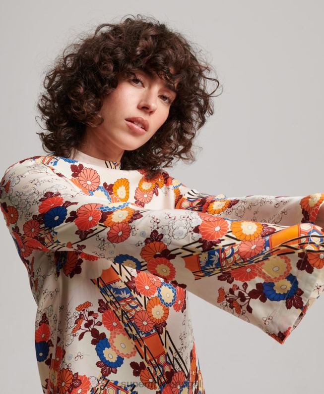 mini vestido manga longa estampado mulheres creme roupas Superdry 2208H2426