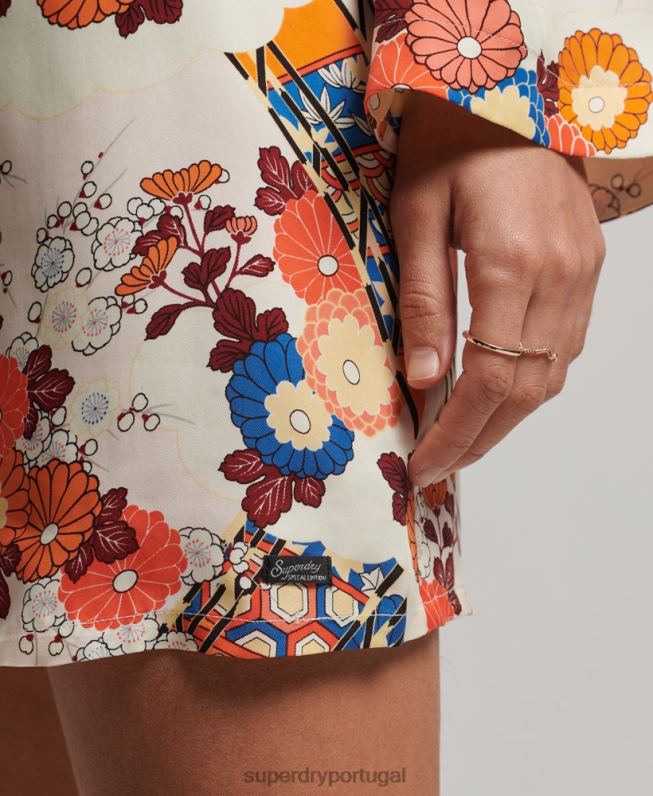 mini vestido manga longa estampado mulheres creme roupas Superdry 2208H2426