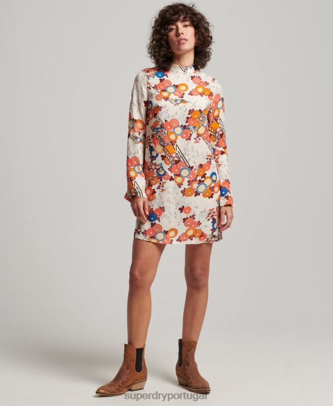 mini vestido manga longa estampado mulheres creme roupas Superdry 2208H2426