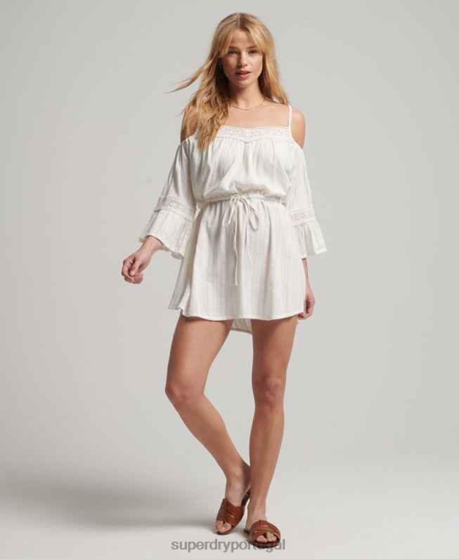 mini vestido ombro frio mulheres branco roupas Superdry 2208H2400