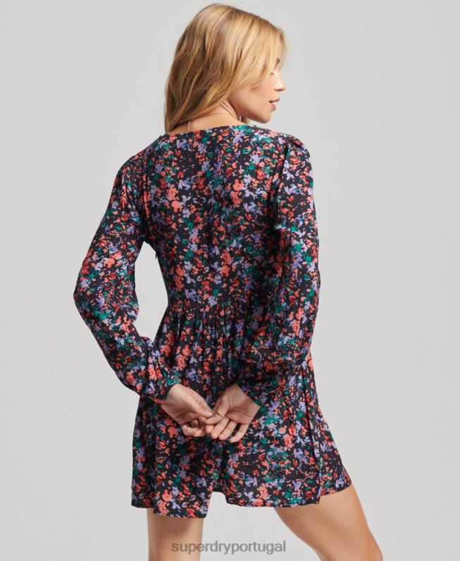 mini vestido vintage manga longa mulheres roxo roupas Superdry 2208H6517