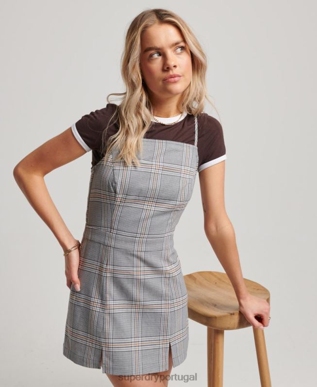 mini vestido xadrez vintage mulheres cinza roupas Superdry 2208H2475