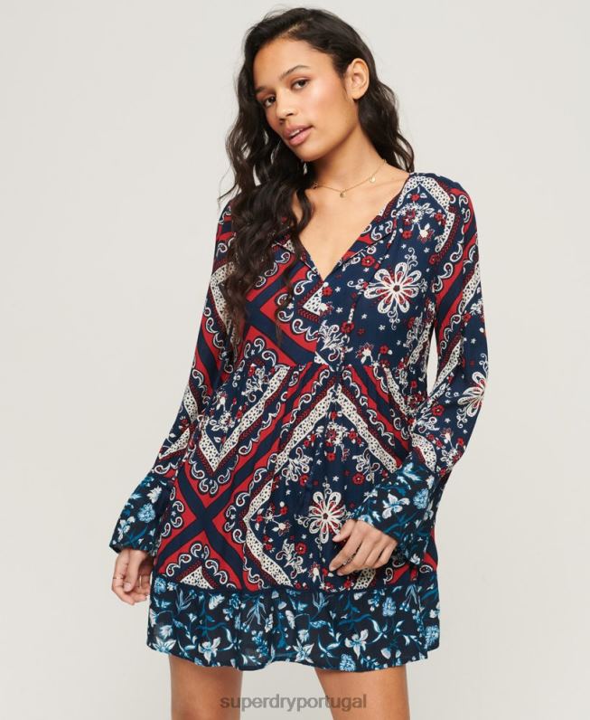 minivestido manga flare anos 60 mulheres azul roupas Superdry 2208H2094